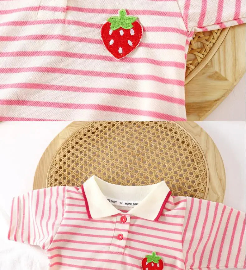 2025 New Children's Dress Girls' Summer Korean Edition Fashion Casual Striped Collar Short sleeved Dress1-10Y