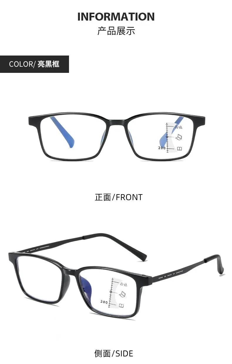 Titaninum Progressive Multifocal Glasses Unisex Flexible TR90 Reading Glasses Vintage Near Far Presbyopia Eyewear for Men Women