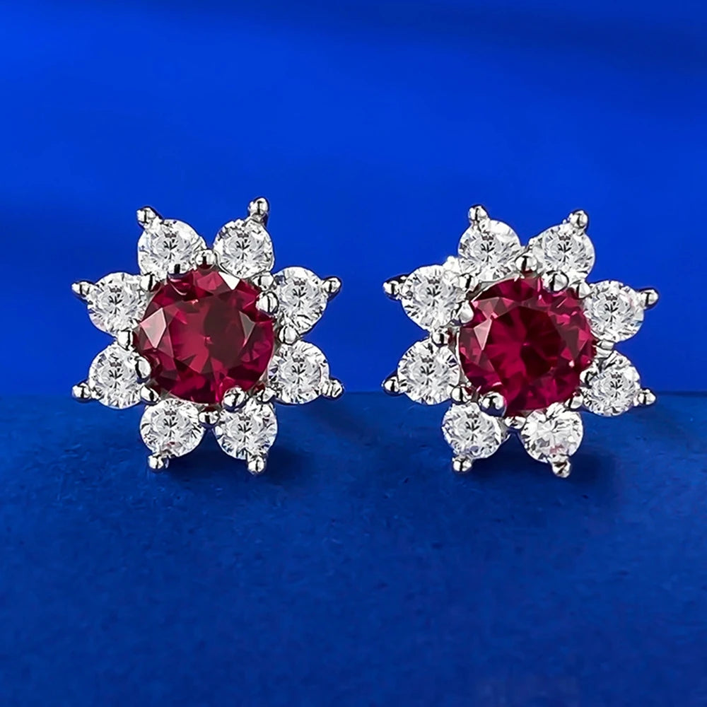 Wong Rain 100% 925 Sterling Silver Round Cut Ruby High Carbon Diamond Gemstone Flower Ear Studs Earrings Jewelry Wholesale