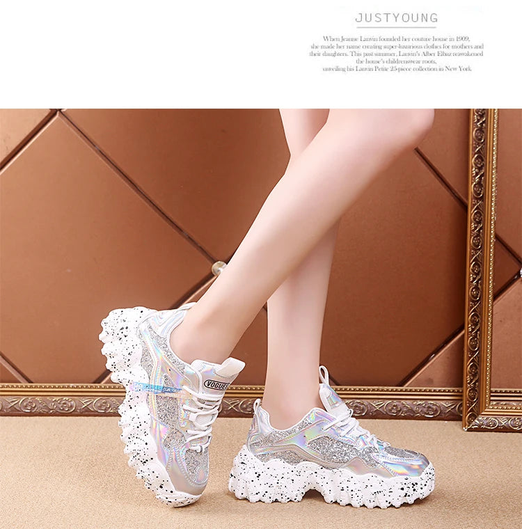 Comemore Women New Bling Platform Sneakers for Girls Casual Chunky Sneaker 6cm Thick Bottom Sports Shoes Platform Red Silver 40
