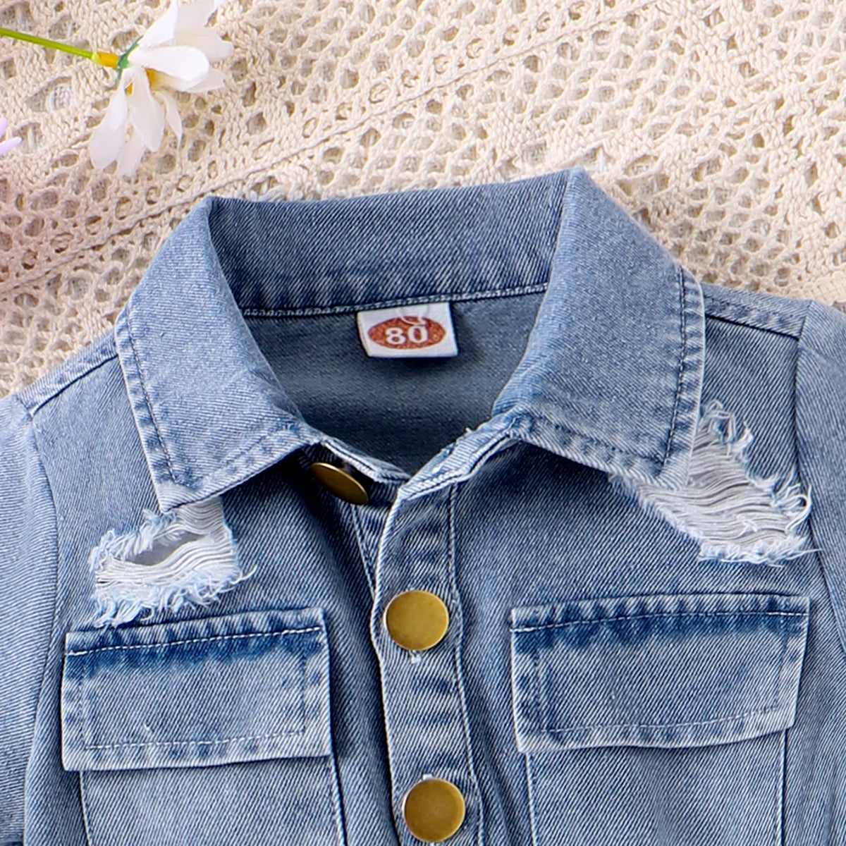 New Children Denim Jumpsuits Dresses Girls Medium and Large Kids Waist-cinching Denim Jumpsuit with Lapels and Ripped Waists