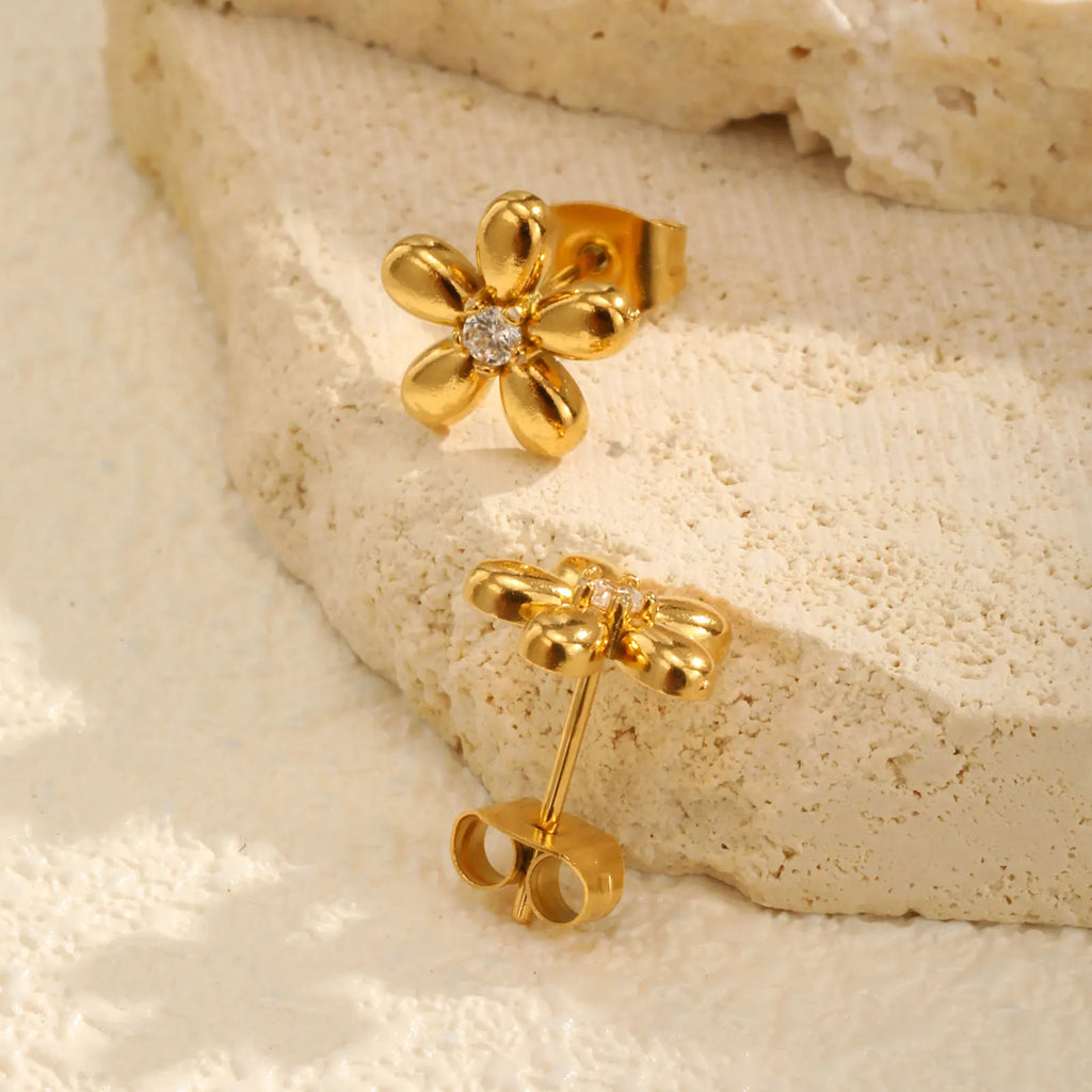 Stainless Steel Zircon Flower Stud Earrings for Women,18K Gold Plated Daily Earrings,Fashion Jewelry Mother's Day Gift