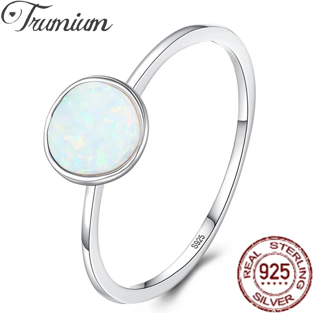 Trumium 925 Steriling silver Round Opal Stone Rings for Women Vintage Simple Ring Anniversary Wedding Gift Trendy Jewelry