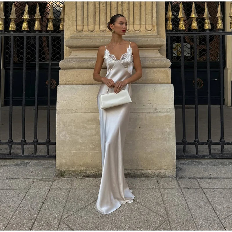 Chic Lace Patchwork Sling Maxi Dress Women Sexy V-neck Sleeveless Backless Satin Slim Long Gown Lady Evening Party Dresses 2026