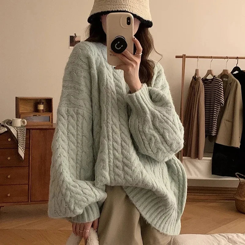 Autumn Winter Women Knit Sweater Korean Oversized Long Sleeve O Neck Pullover Fashion Solid Loose Preppy All Match Jumper Mujer