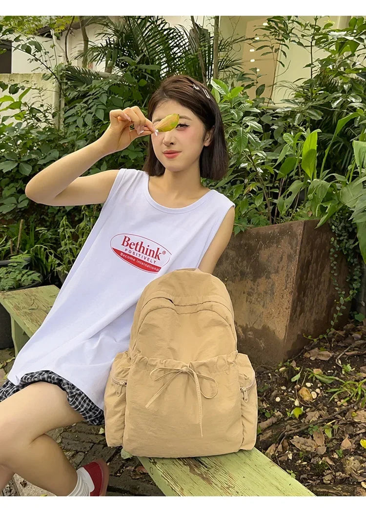 Japanese Style Student Backpack Solid Color Bow Travel School Bag Lightweight and Fashionable Women's Backpack New Simple Casual