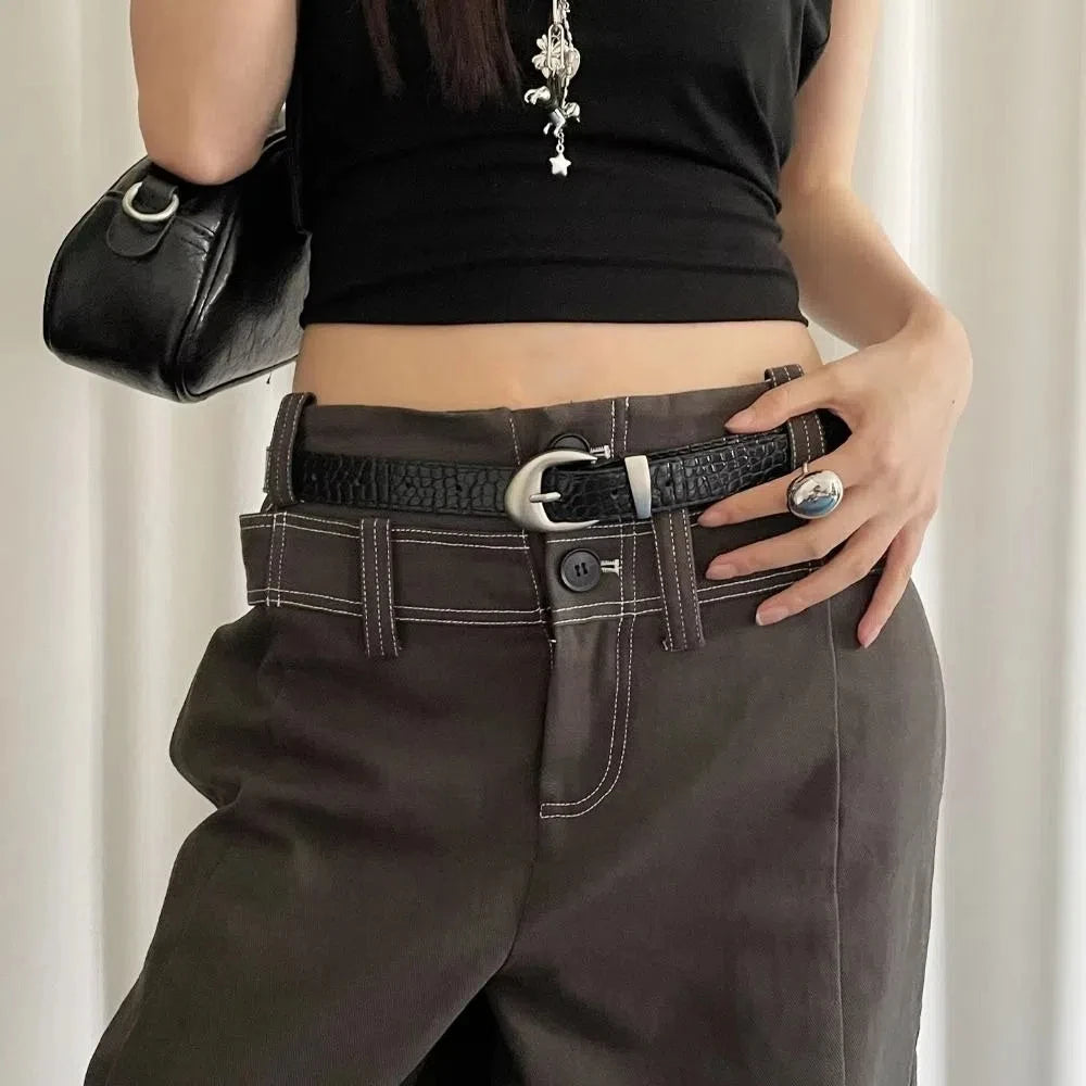 Ins Style Crocodile Pattern Women's Belt PU Leather Korean Thin Waist Belt Niche Black Red Dress Jeans Belt For Girls