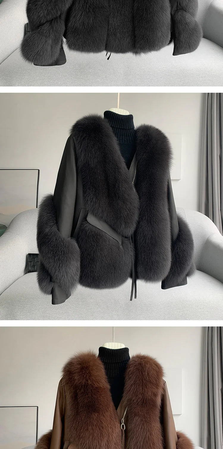 OFTBUY 2022 Real Fur Coat Winter Jacket Women Natural Fox Fur Genuine Leather Outerwear  Streetwear Locomotive Thick Warm New