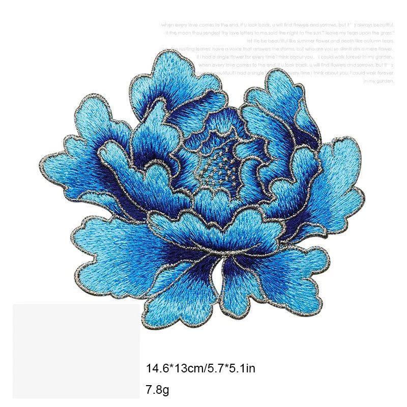 1 Piece 14.5*13cm Blue Pink Yellow Red Peony Embroidery Patch Applique Sew on Patch for Evening Dress Bag DIY Glue-free