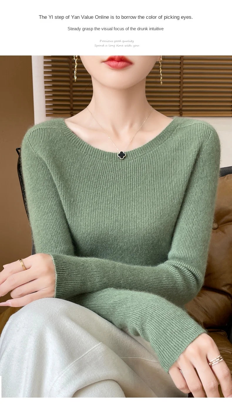 Early Fall New Crew-Neck Sweater Elegant High Elastic Simple Solid Color Thin Knit Crew-Neck Sweater Long Sleeve-GH458