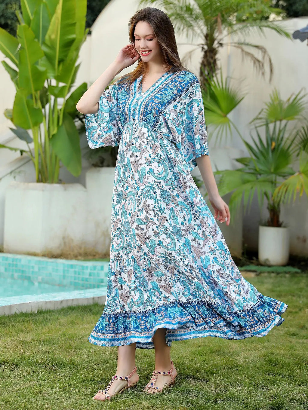 Bohemian Oversize Loose Elastic Waist Maxi Dresses Women Robe Cotton Rayon Floral Printed Long Dress Summer Boho Beach Cover up