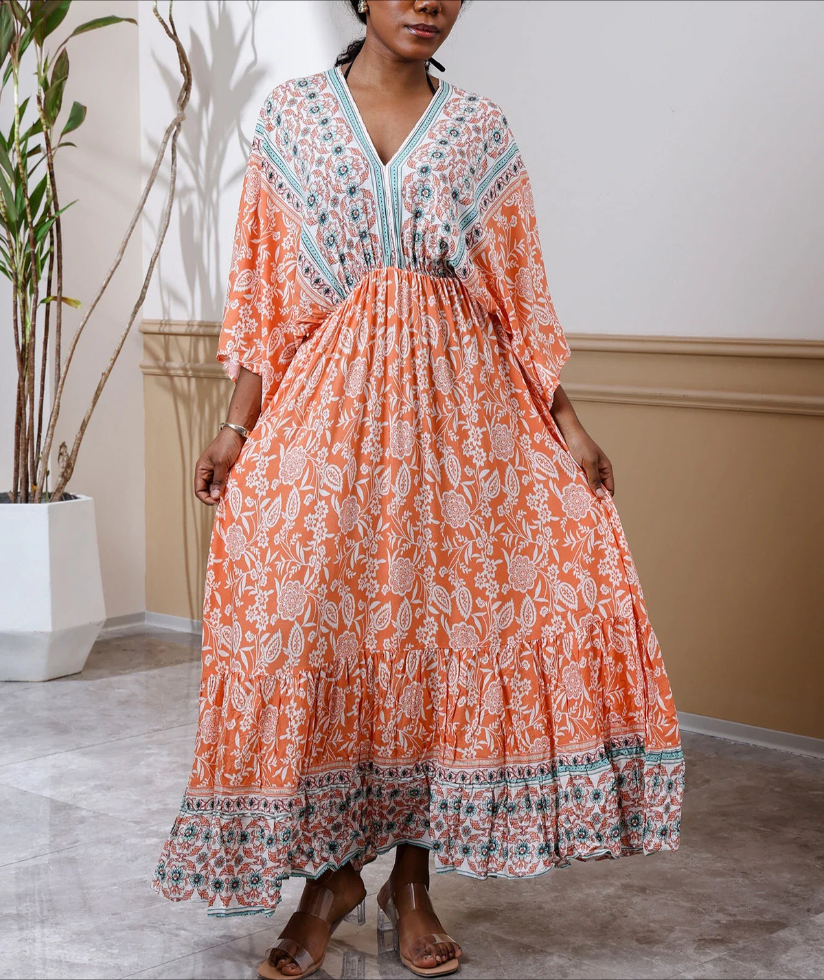 Bohemian Oversize Loose Elastic Waist Maxi Dresses Women Robe Cotton Rayon Floral Printed Long Dress Summer Boho Beach Cover up