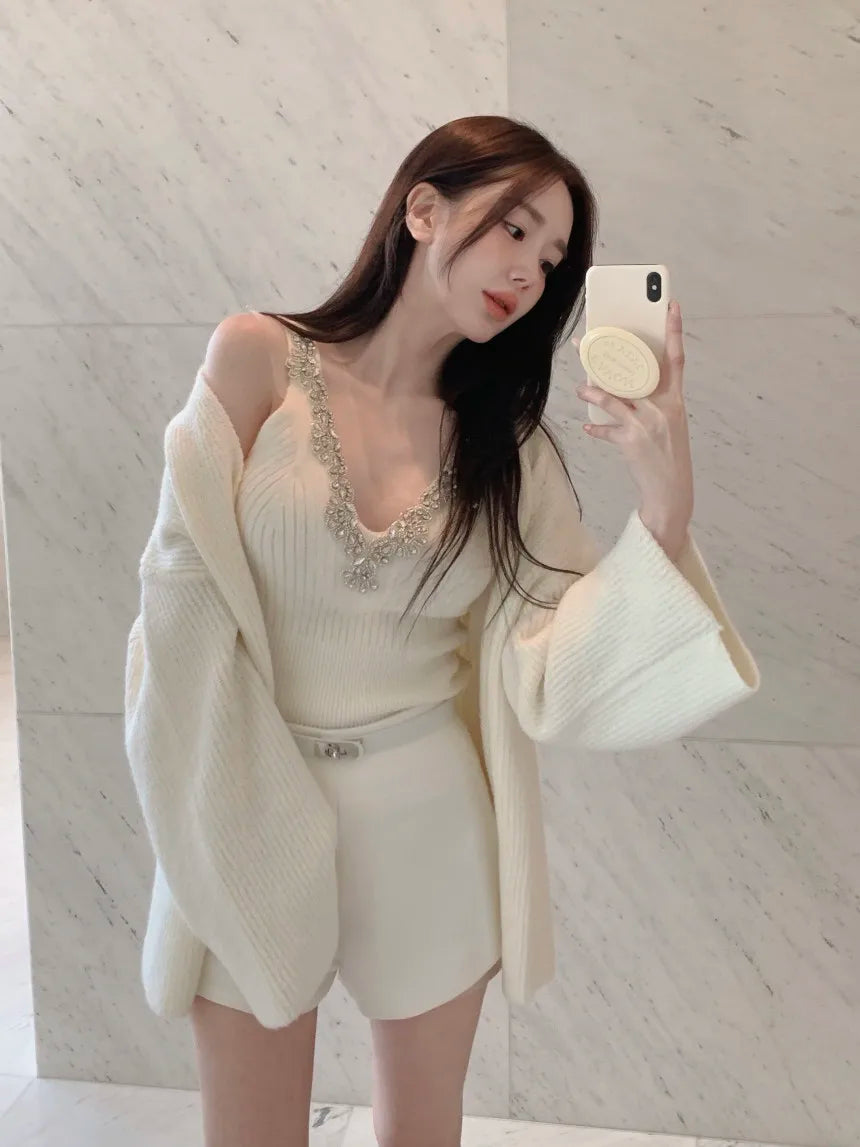 Korean Sle Sexy Sequin Strap Vest Women's Inner Knitted Cardigan Coat Autumn Two-Piece Set Faionable Top And Bot Ensemble