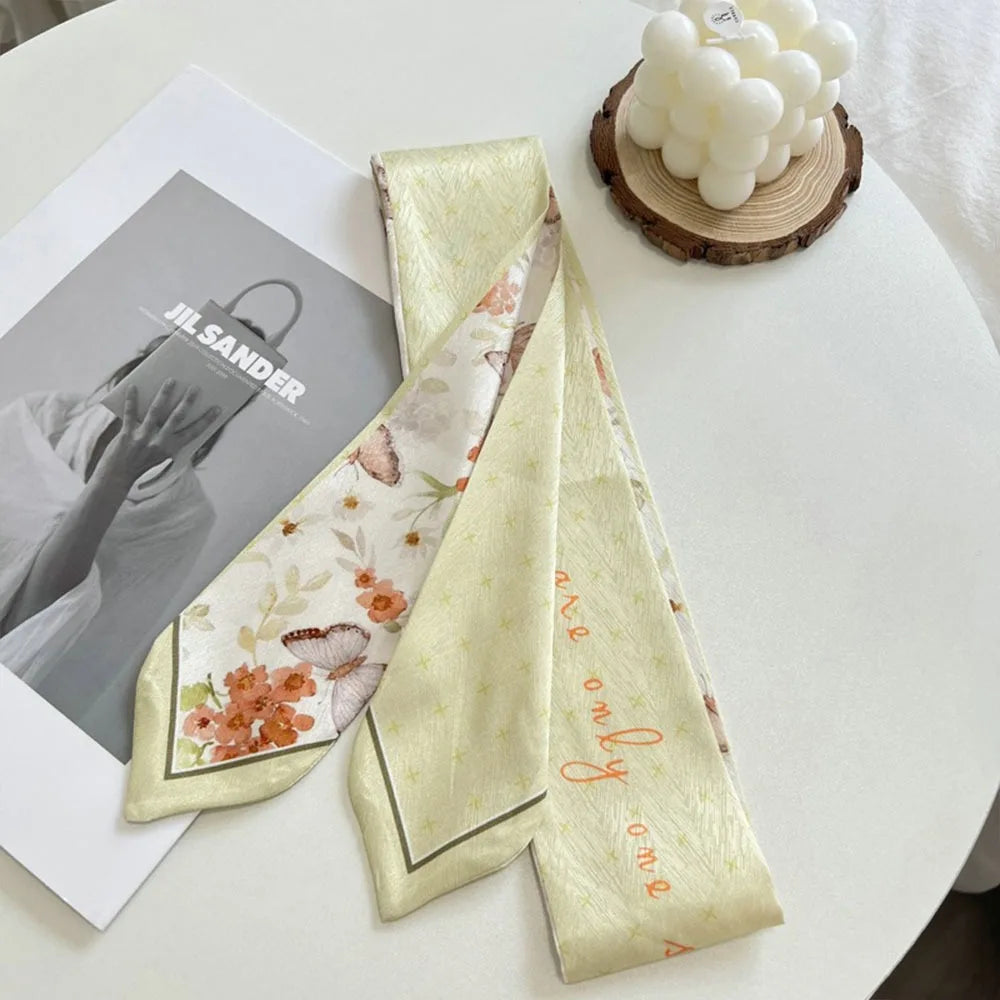 Summer Versatile Satin Silk Ribbon Scarf Fresh Floral Narrow Hair Tie Long Thin Fashion Accessory for Women Bag Strap