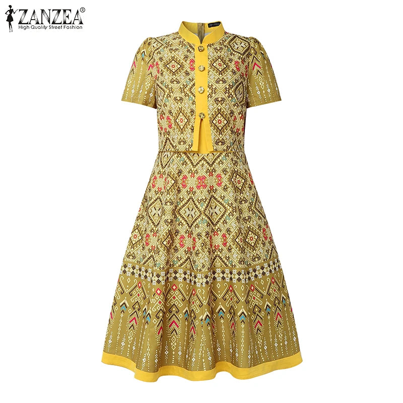 ZANZEA Vintage Geometric Print A-Line Dress Women Fake Two-Piece Stand Collar Short Sleeve Knee-Length Robes Holiday Vestidos