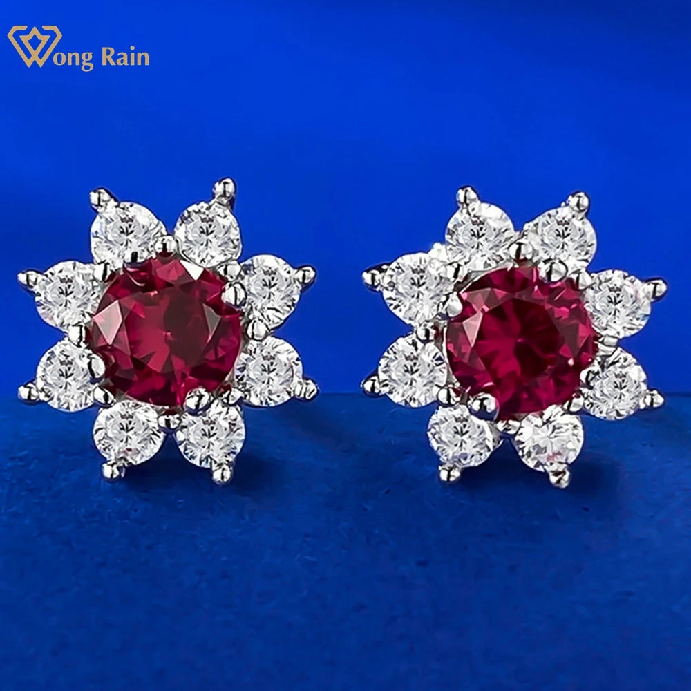 Wong Rain 100% 925 Sterling Silver Round Cut Ruby High Carbon Diamond Gemstone Flower Ear Studs Earrings Jewelry Wholesale