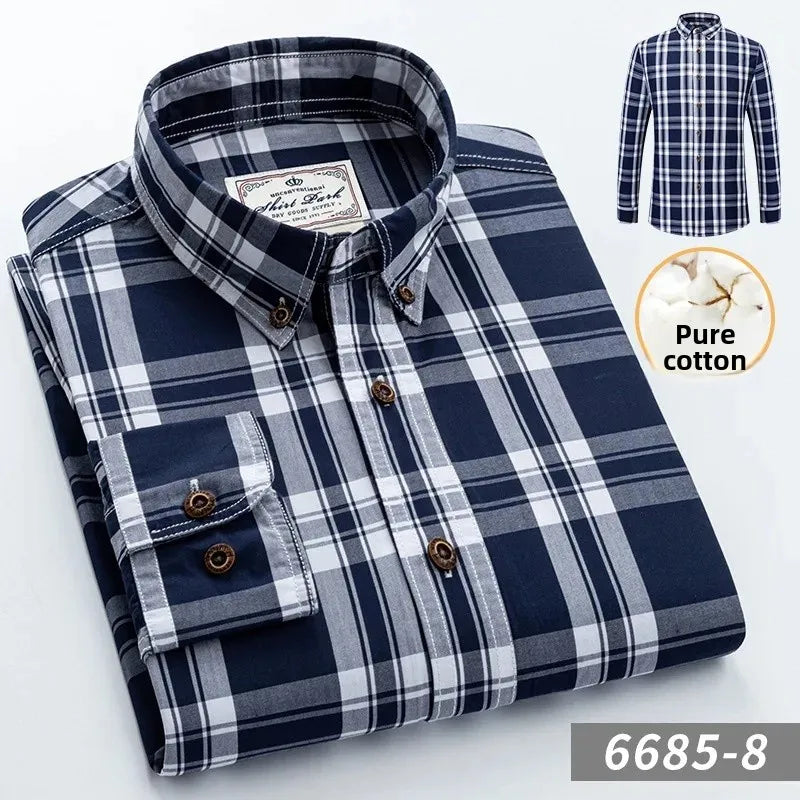 New Men's Pure Cotton Plaid Long Sleeve Shirt Spring Whole Cotton Casual Shirt Korean Style Slims Smooths Your Silhouette No Iro