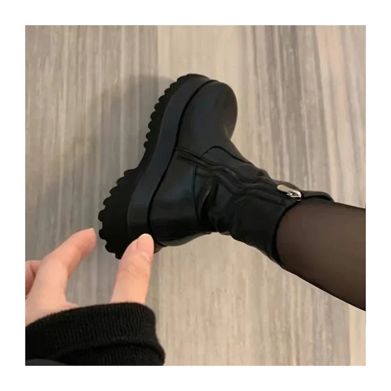 2024 New Winter Punk Style Women Ankle Boots Fashion Thick Sole Zippers Short Boot Ladies Elegant Platform Flats Heel Shoes