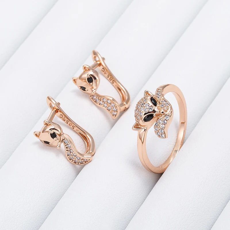 Kinel Hot Cute Fox Earrings Ring Sets for Women Fashion 585 Rose Gold Color Natural Zircon Accessories Animal Child Jewelry Sets