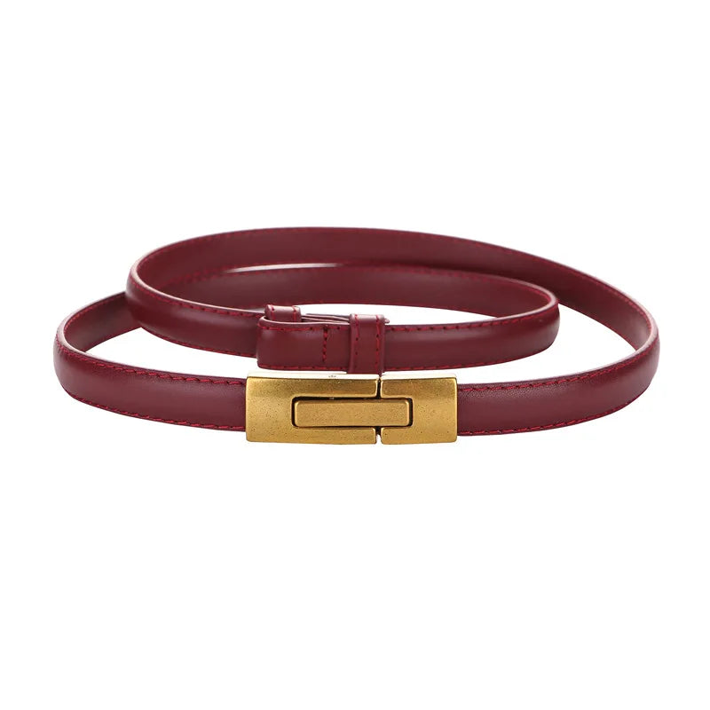Women Skinny Genuine Leather Slim Belt Adjustable Alloy Buckle Waist Belt for Dress