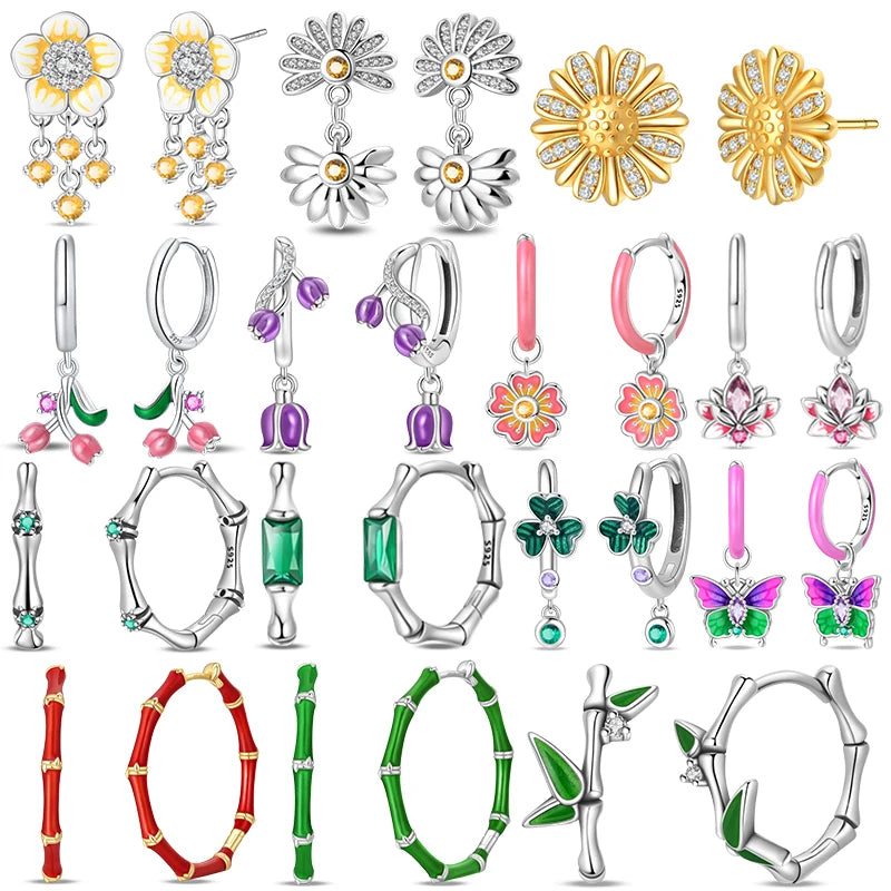 925 Sterling Silver Green Lucky Clover Yellow Daisy Bamboo Earrings  for Women Bee Butterfly Ear Studs Elegant Party Jewelry