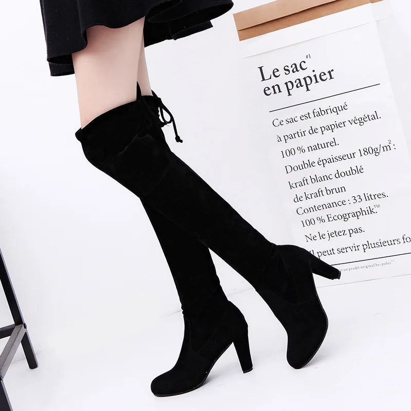 Suede Female Heels Autumn/ winter Zipper Elastic Knee-high Boots for Women Tube Lace-up Thigh Boots Black Botas