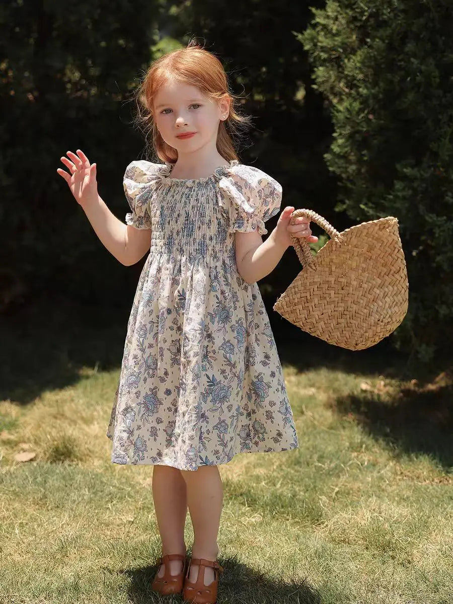 Toddler Girls Floral Princess Dress Little Girl Cotton Short Sleeve Blue Flowers Party Dress Summer Casual Dresses Kids Clothes