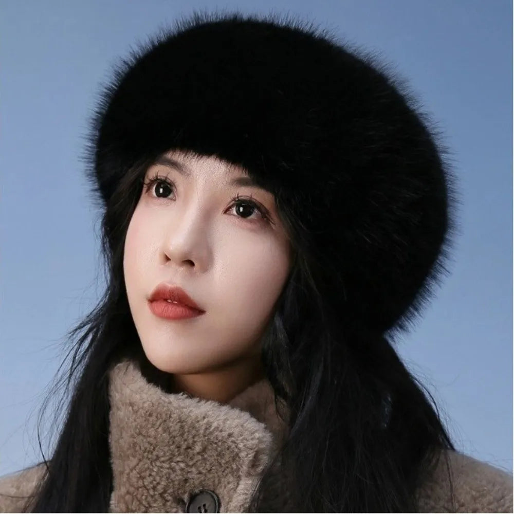 Fashion Thick Turban Hat Keep Warm Solid Color Wide Headwrap Imitation Fox Fur Elastic Ski Hats Winter