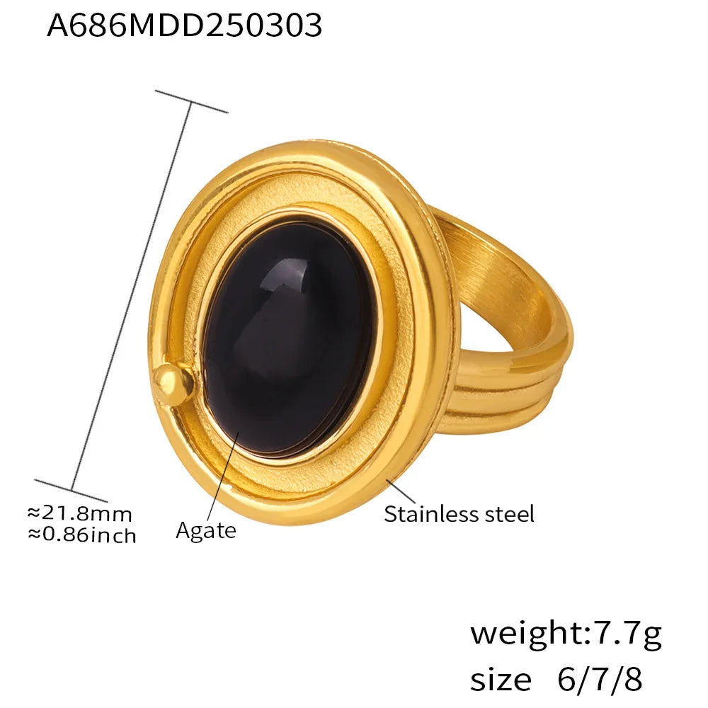 Gothic Style Black Natural Agates Ring for Women High Quality Stainless Steel Gold Plated Large Ring Female Fashion Jewelry