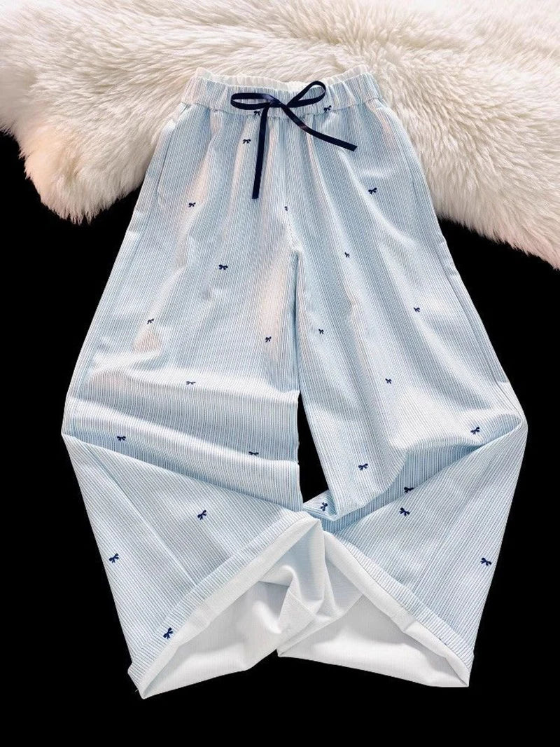 Zoki Sweet Bow Striped Pants Women High Waist Korean Casual Wide Leg Trousers Elegant Fashion Loose Cute Female Spring Pants New