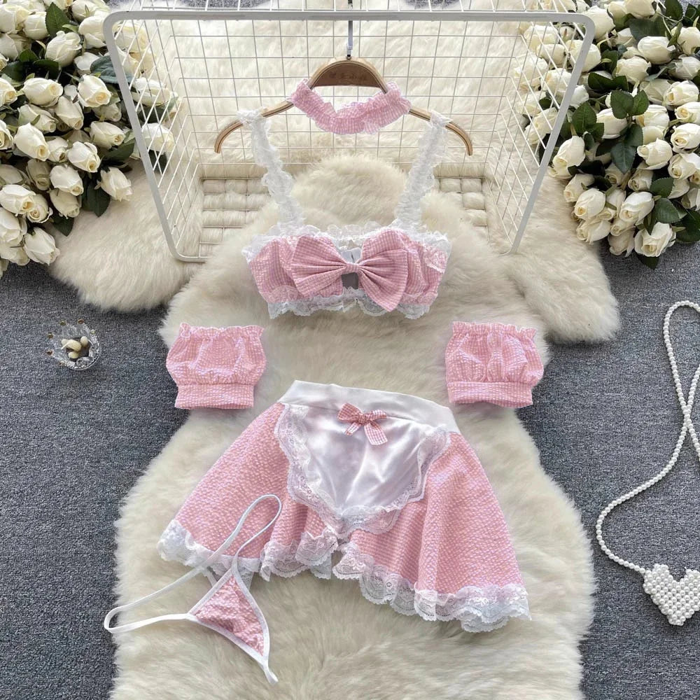 Sexy Cute Sweet Lace Backless Jumpsuit Women Slim Fit Bodysuit Girl Strap Bow knot Cosplay Hot Sweet Bow Ribbon Lingerie Dress