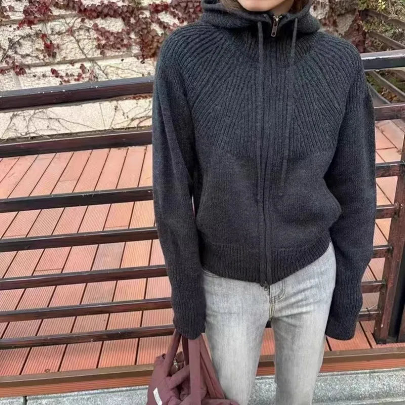 High-end double zipper hooded 100% cashmere knitted cardigan women's sweater loose hooded sweater for autumn winter wool coat