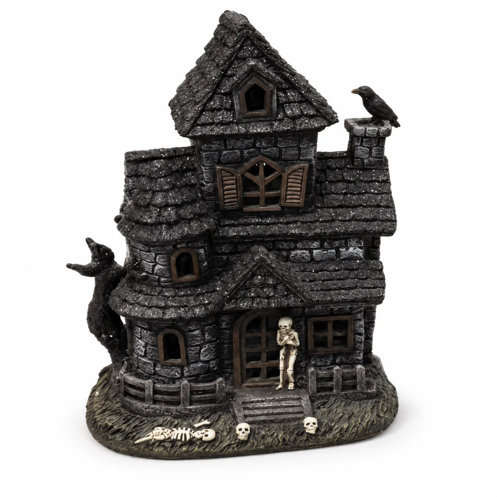 Halloween Lighted Haunted House Resin Figurine with Skeleton & Crow, Spooky Tabletop Ornament for Home Party Decoration