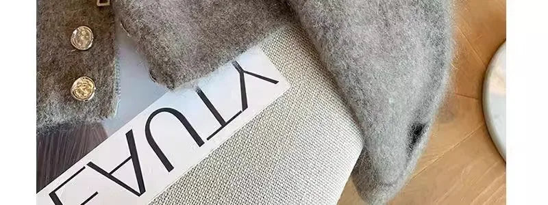 Grey Vintage Sweater Cardigans For Women Autumn New High Collar Double Breasted Knitted Coats Simple Elegant Female Knitwear Top