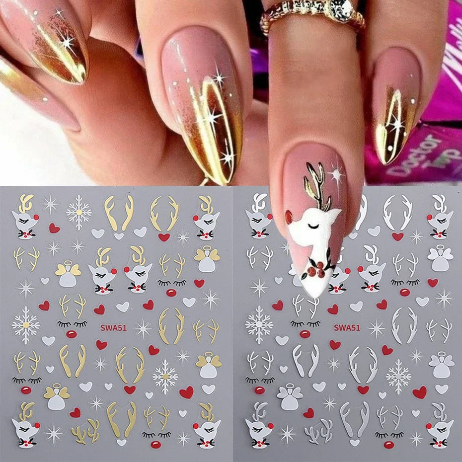 2pcs 3D Gold Silver Elk Nail Art Stickers Cartoon Christmas Snowflakes Decal DIY Star Heart Nail Art Manicure Decoration Decals