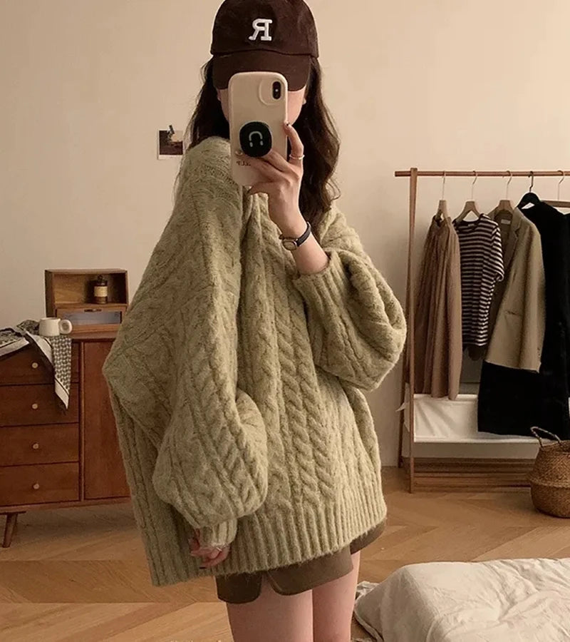 Autumn Winter Women Knit Sweater Korean Oversized Long Sleeve O Neck Pullover Fashion Solid Loose Preppy All Match Jumper Mujer