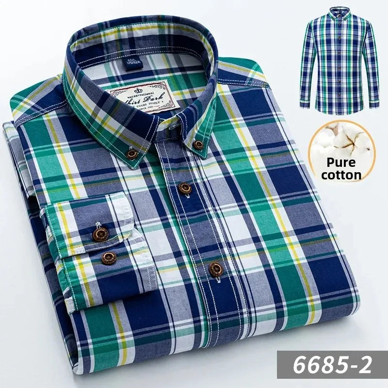 New Men's Pure Cotton Plaid Long Sleeve Shirt Spring Whole Cotton Casual Shirt Korean Style Slims Smooths Your Silhouette No Iro