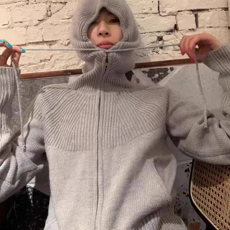 High-end double zipper hooded 100% cashmere knitted cardigan women's sweater loose hooded sweater for autumn winter wool coat