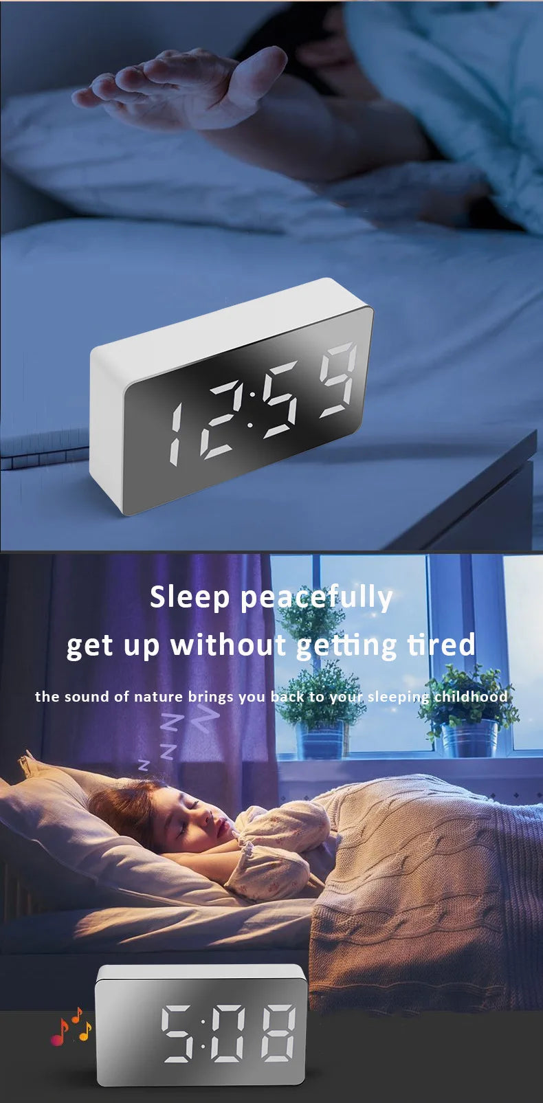 Multifunctional Table Clock Digital Alarm Snooze Mirror Display Time Night LED Light Desk Desktop Home Decor Gifts for Friends