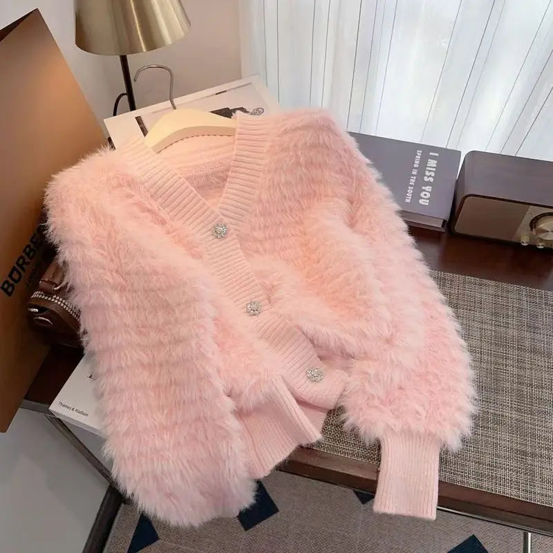 Fake Mink Cashmere Sweater Coat Women Autumn/winter Pink Knitted Cardigan Jacket V-neck Long Sleeve Thickene Loose Knitwear Tops