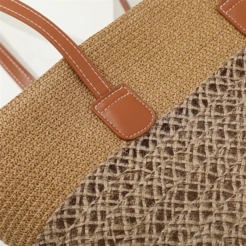 Large Capacity Straw Woven Bag And Hat Set for Outdoor Travel Face Slimming Wide Brim Sunshade Tote Bag Trendy Bucket Handbag