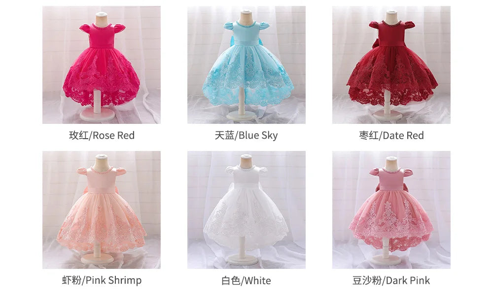 Toddler Bow Baby Dress For Girls Beading Tulle Princess 1st Birthday Embroidery Kids Party Dresses for Girl Pink Baptism Costume