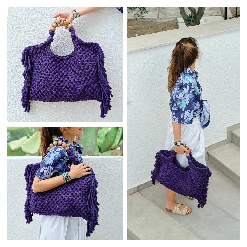 Macrame bag wholesale women Crochet boho chic Summer fringe beach tote bag ivory purple green blue black