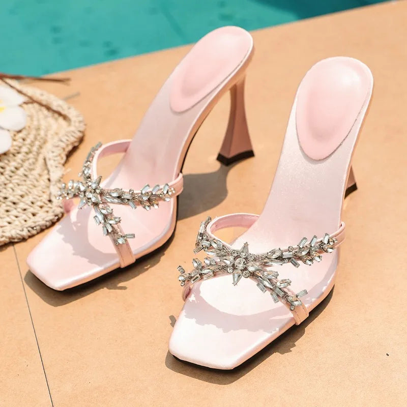NEW High Quality Luxury Heels Women's Sandals Designer Shoes Rhinestone Square Toe Open Toe Slides Женская Обувь