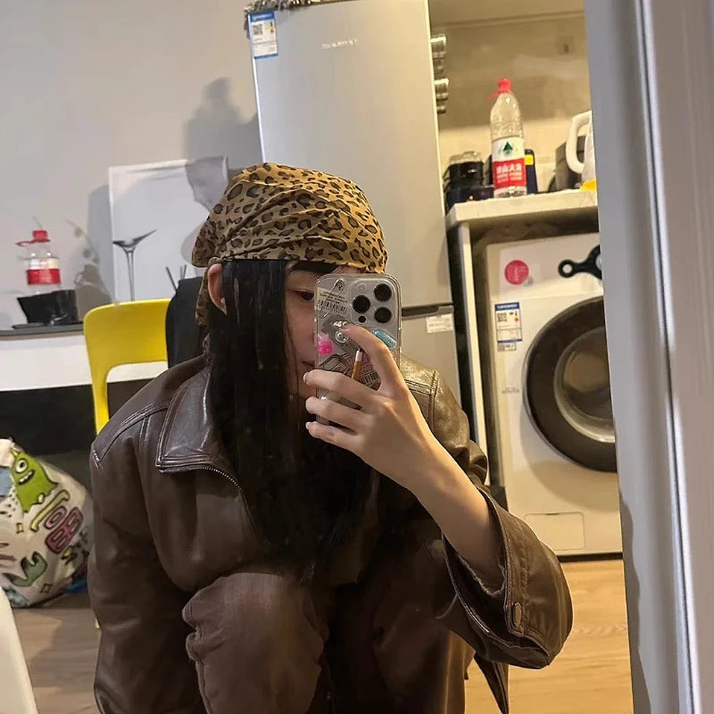 Retro Leopard Print Square Scarf for Women Satin Thin Edge Scarves Head Band Fashion Y2K Lady Hair Shawl Wrap Female Neckerchief