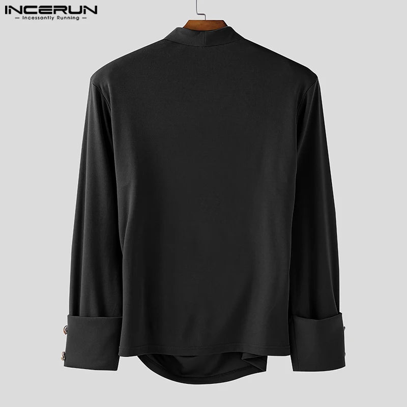 INCERUN Men Irregular Shirt V Neck Long Sleeve Solid Color Men Clothing Loose Pleated Streetwear 2025 Casual Irregular Shirts