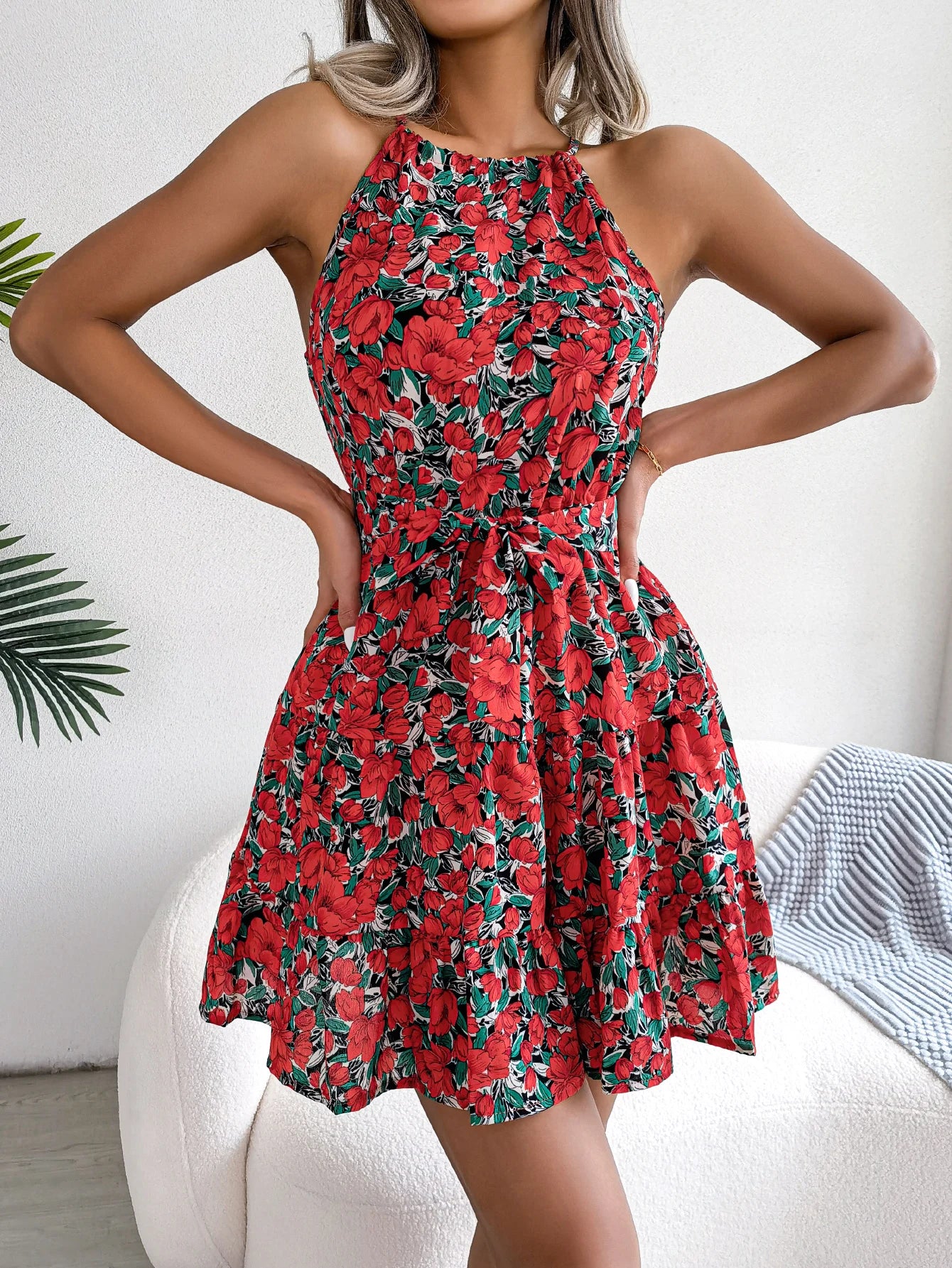 Casual Halter Ruffle Hem Sleeveless A-line Floral Print Dress For Women Summer