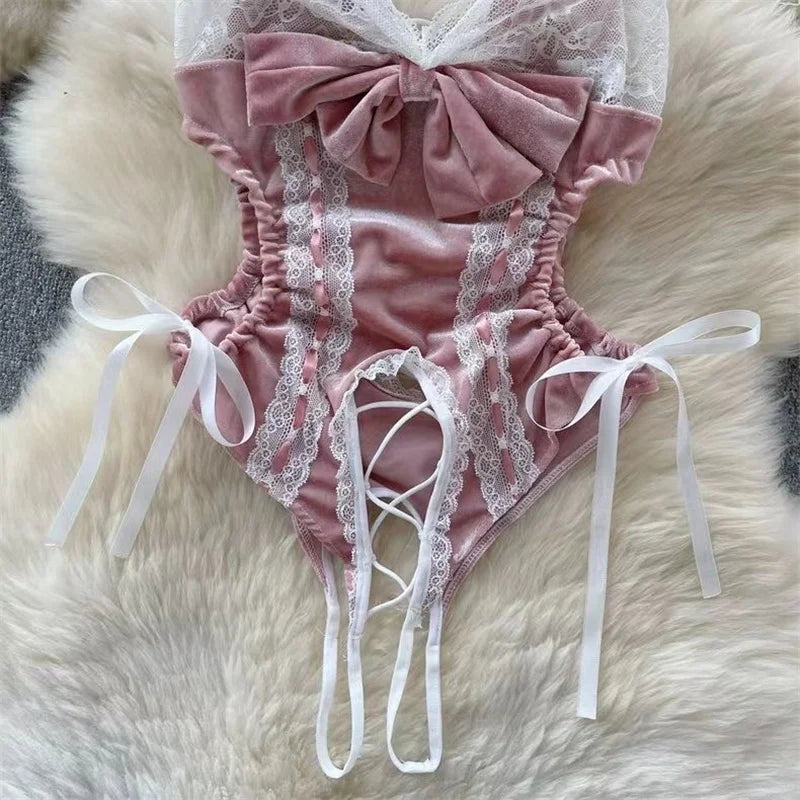 Sexy Cute Sweet Lace Backless Jumpsuit Women Slim Fit Bodysuit Girl Strap Bow knot Cosplay Hot Sweet Bow Ribbon Lingerie Dress
