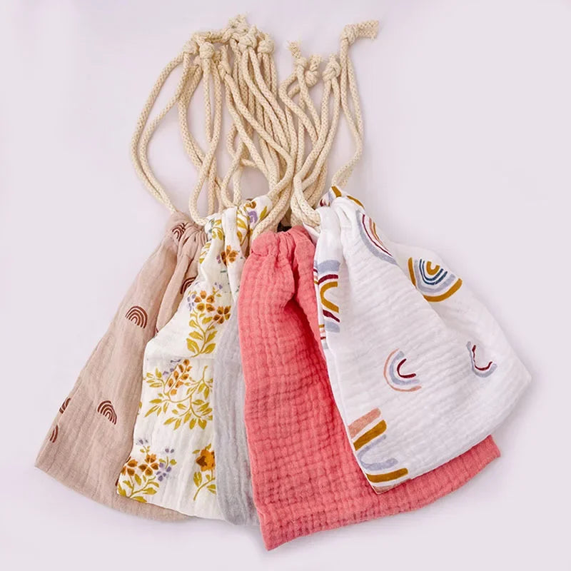 Natural Cotton Mommy Storage Bags Outdoor Baby Diaper Carrier Cute Sunshine Rainbow Printing Drawstring Pouches 27x25cm