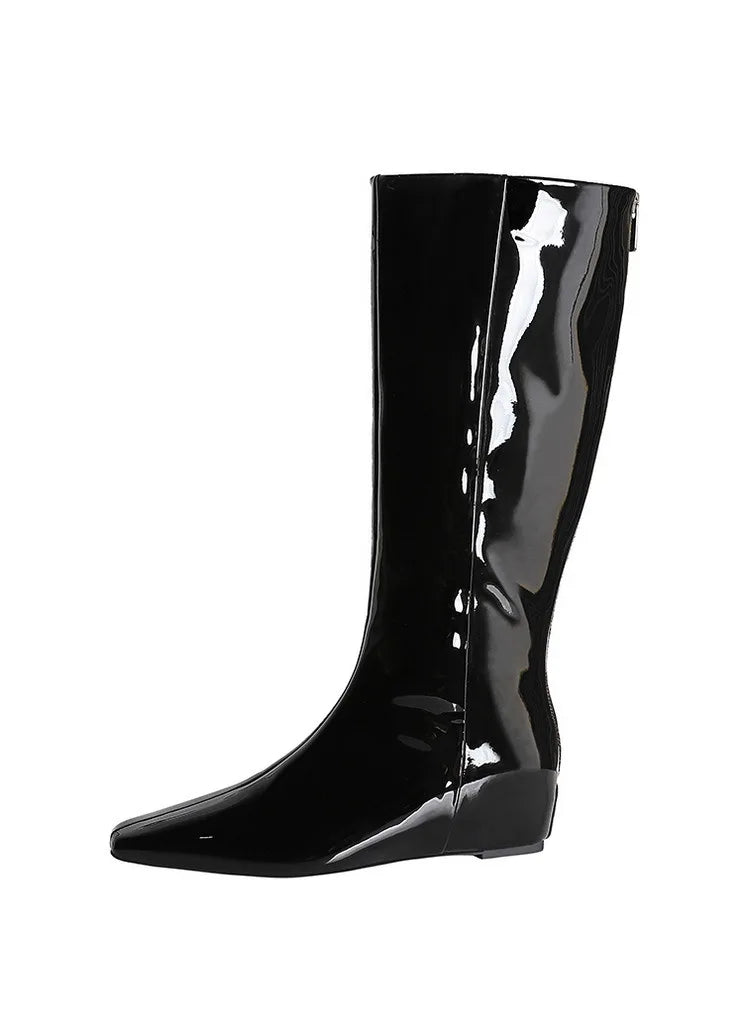 BIGTREE New Black Wedge Heels Women Modern Boots Female Shoes 2025 Fashion Luxury Pointed Toe Ladies Long Knee Western Boots